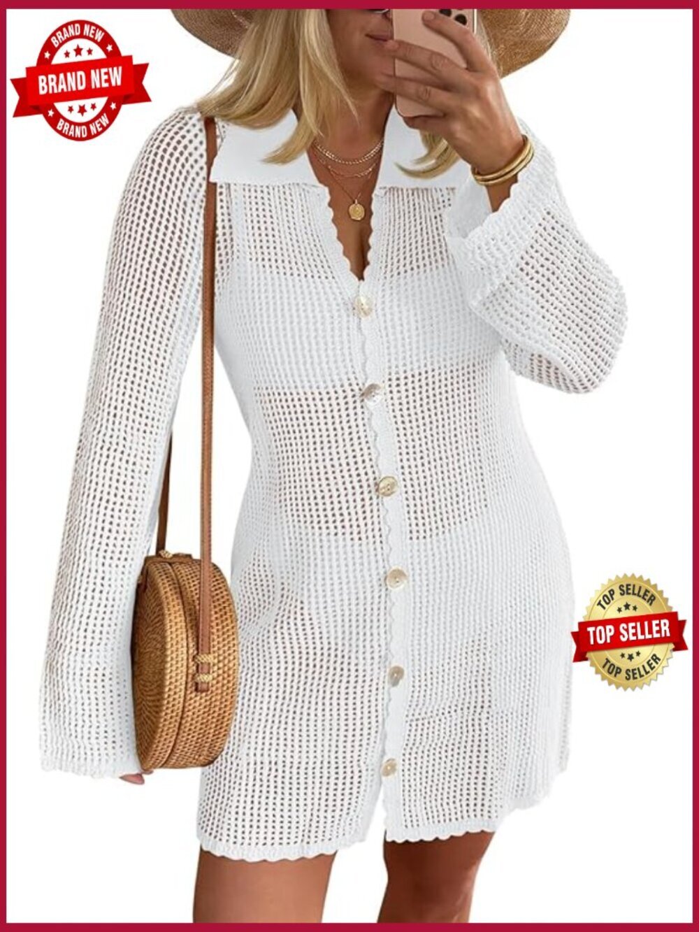 Crochet Swimsuit Coverup Button Down Long Sleeve Cardigan Mini Dress Beach